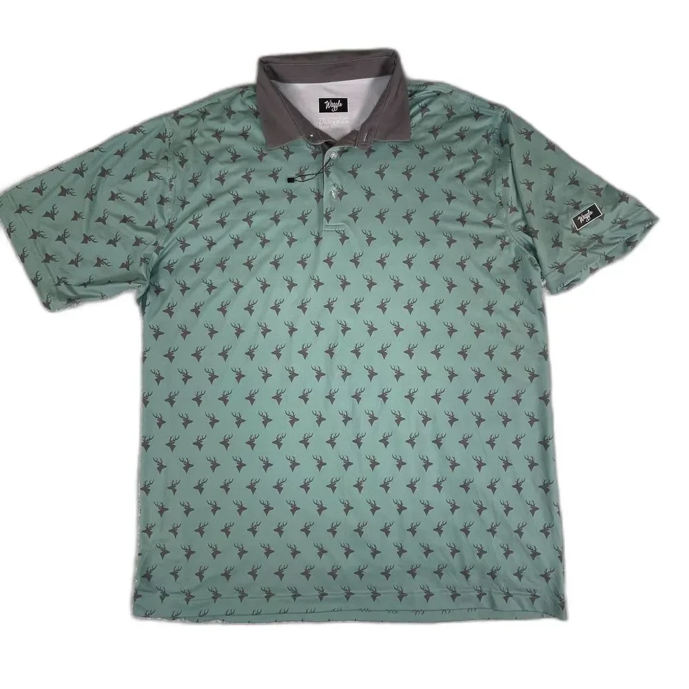 NWOT Waggle Golf Polo Men's 2XL Green Deer All Over Print Performance Stretch - Picture 2 of 10
